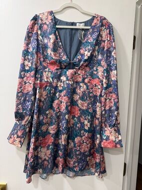 ACOA Floral V-Neck Mini Dress with Long Sleeves - Blue & Pink